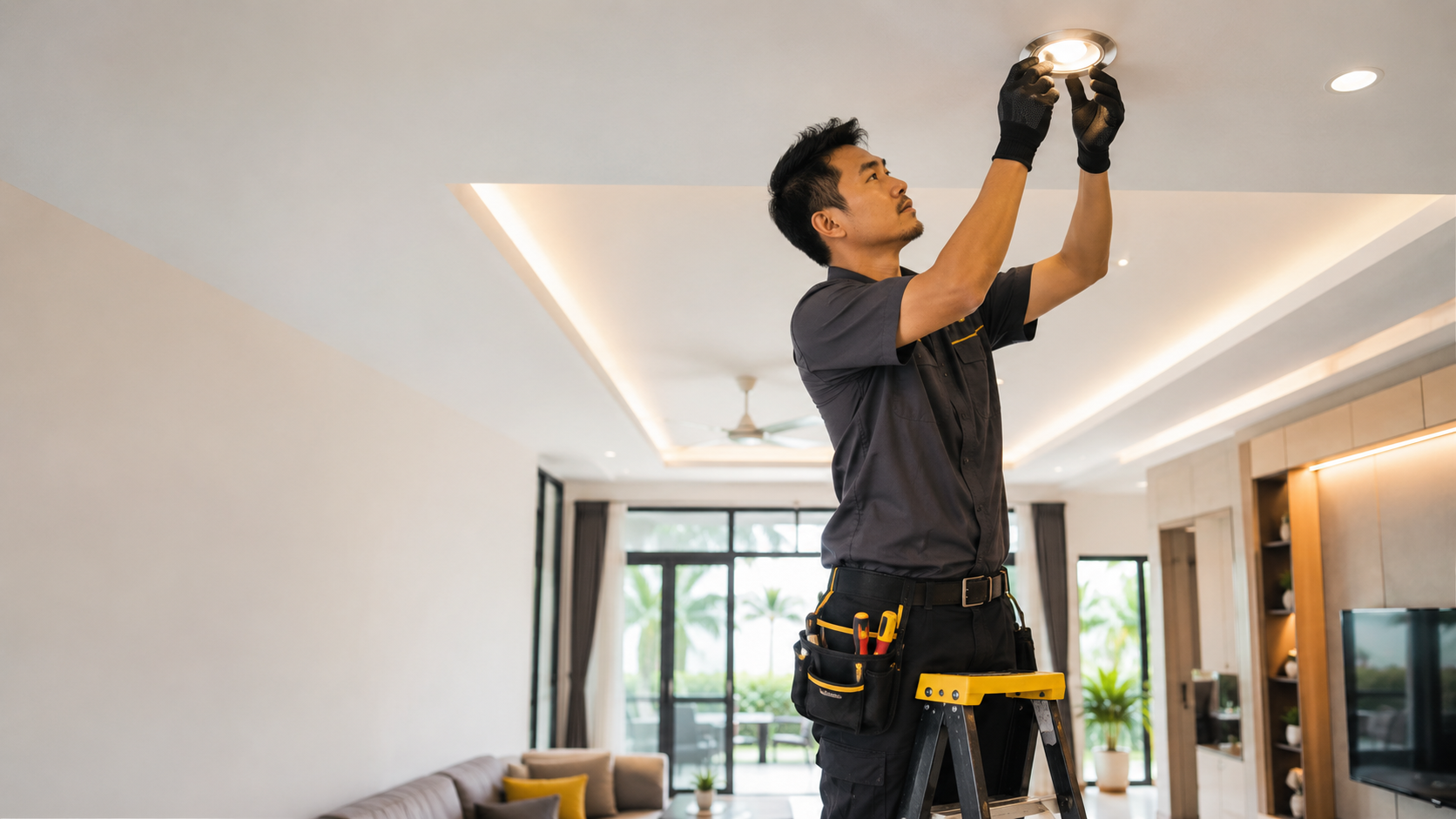 Professional handyman installing a ceiling light in a Johor home